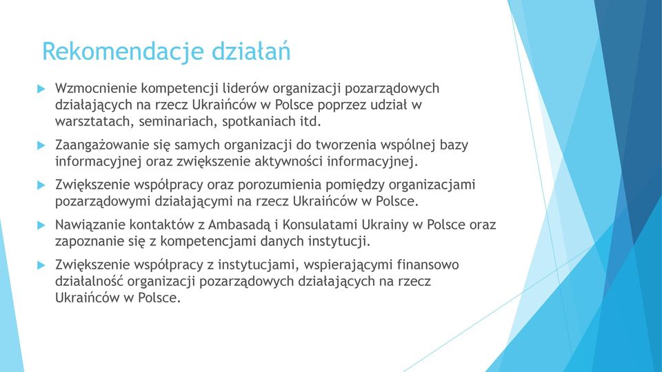 Zwiększenie współpracy oraz porozumienia pomiędzy organizacjami pozarządowymi działającymi na rzecz Ukraińców w Polsce.