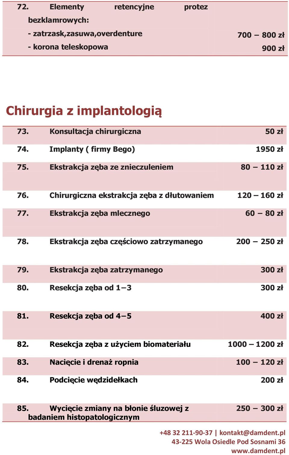 Ekstrakcja zęba częściowo zatrzymanego 200 250 zł 79. Ekstrakcja zęba zatrzymanego 300 zł 80. Resekcja zęba od 1 3 300 zł 81. Resekcja zęba od 4 5 400 zł 82.