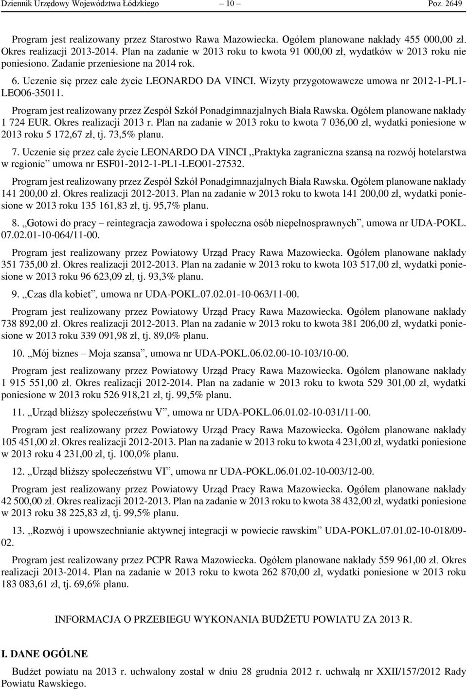 Wizyty przygotowawcze umowa nr 2012-1-PL1- LEO06-35011. Program jest realizowany przez Zespół Szkół Ponadgimnazjalnych Biała Rawska. Ogółem planowane nakłady 1 724 EUR. Okres realizacji 2013 r.