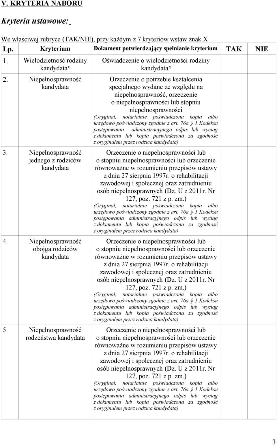 Niepełnosprawność rodzeństwa kandydata Oświadczenie o wielodzietności rodziny kandydata 2) Orzeczenie o potrzebie kształcenia specjalnego wydane ze względu na niepełnosprawność, orzeczenie o