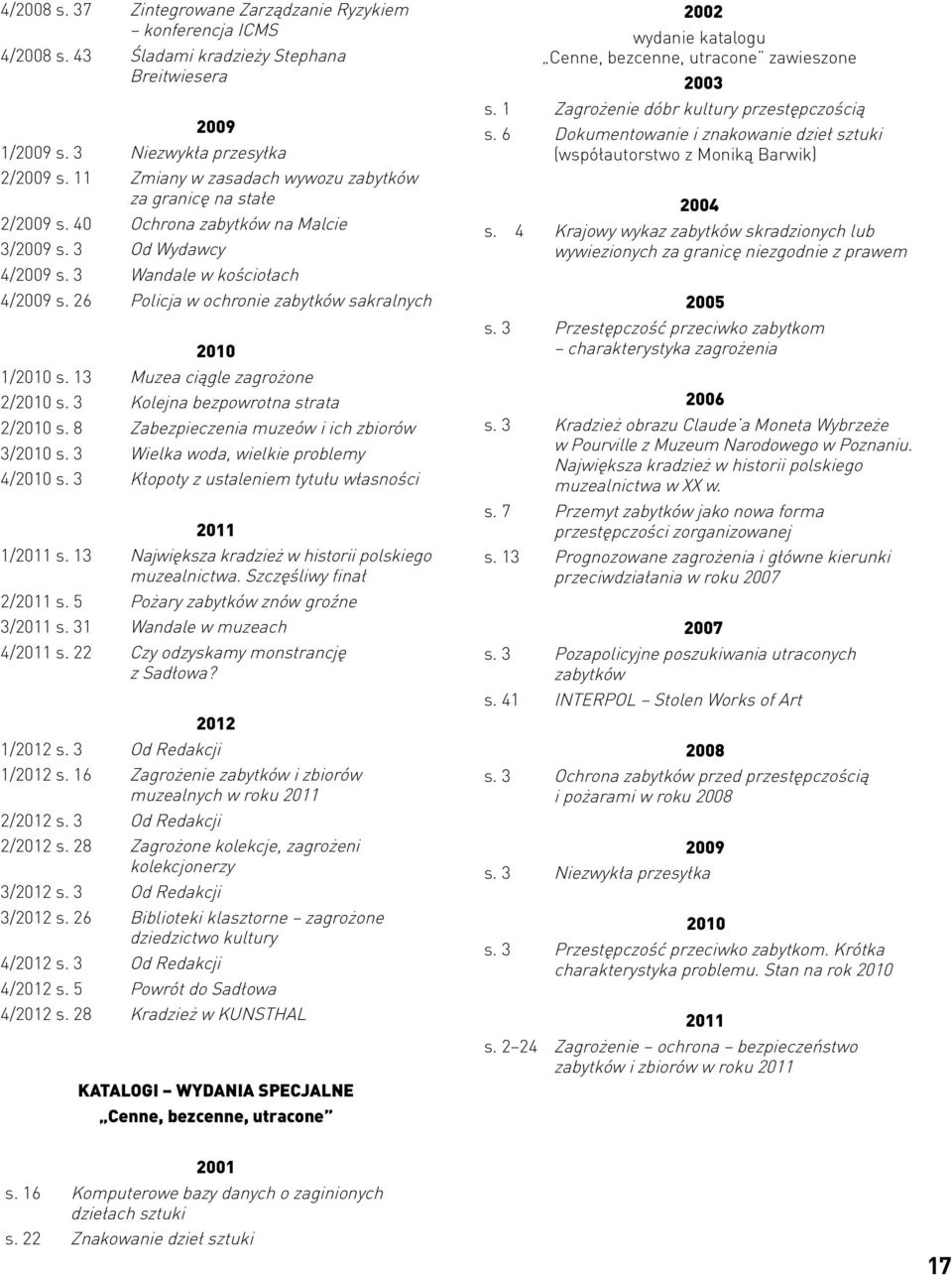 26 Policja w ochronie zabytków sakralnych 2010 1/2010 s. 13 Muzea ciągle zagrożone 2/2010 s. 3 Kolejna bezpowrotna strata 2/2010 s. 8 Zabezpieczenia muzeów i ich zbiorów 3/2010 s.