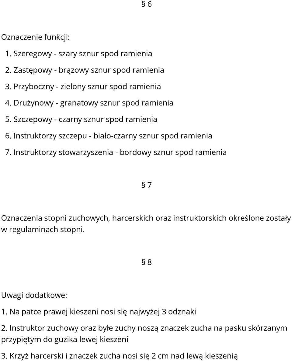 Instruktorzy stowarzyszenia - bordowy sznur spod ramienia 7 Oznaczenia stopni zuchowych, harcerskich oraz instruktorskich określone zostały w regulaminach stopni.