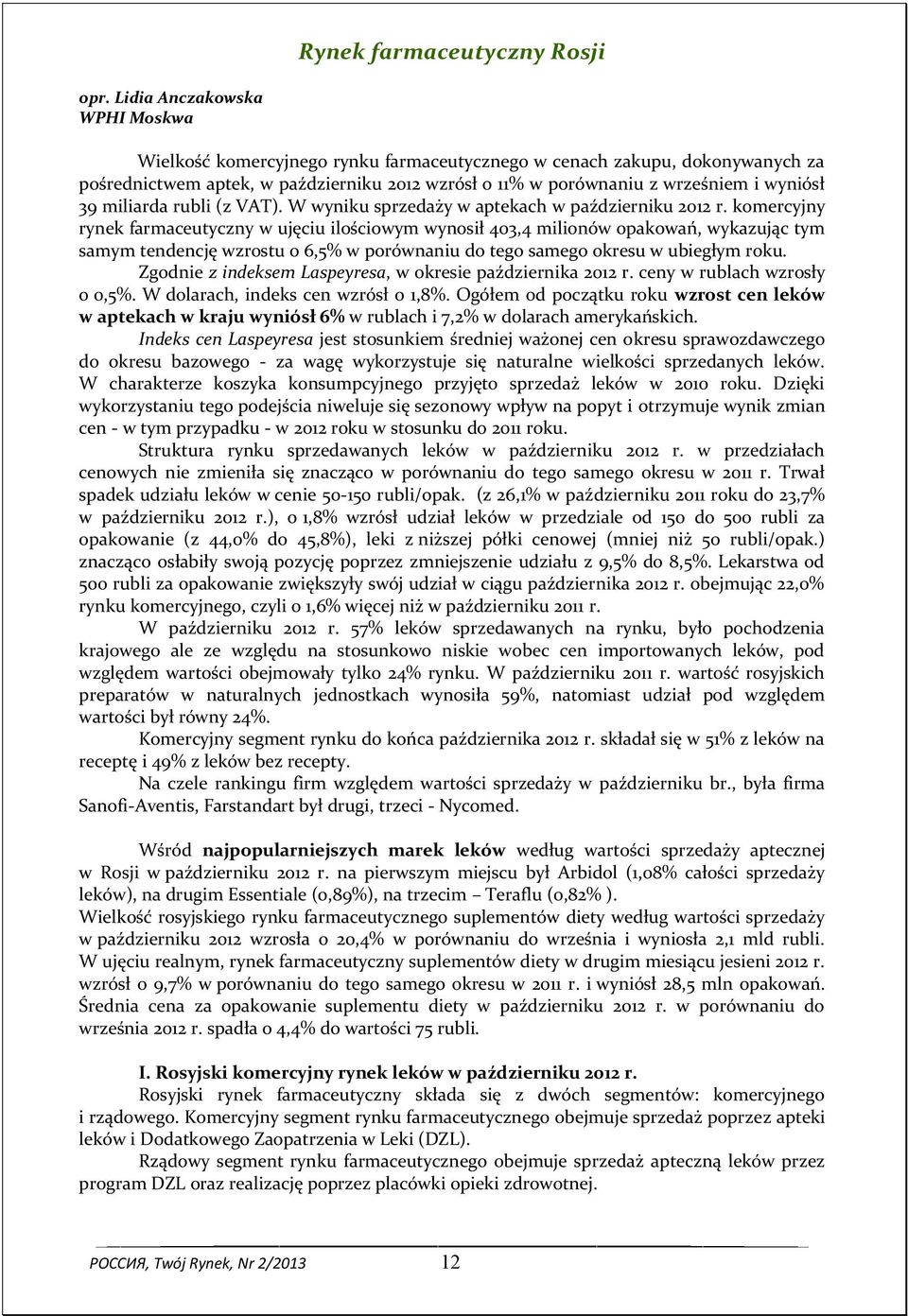 miliarda rubli (z VAT). W wyniku sprzedaży w aptekach w październiku 2012 r.