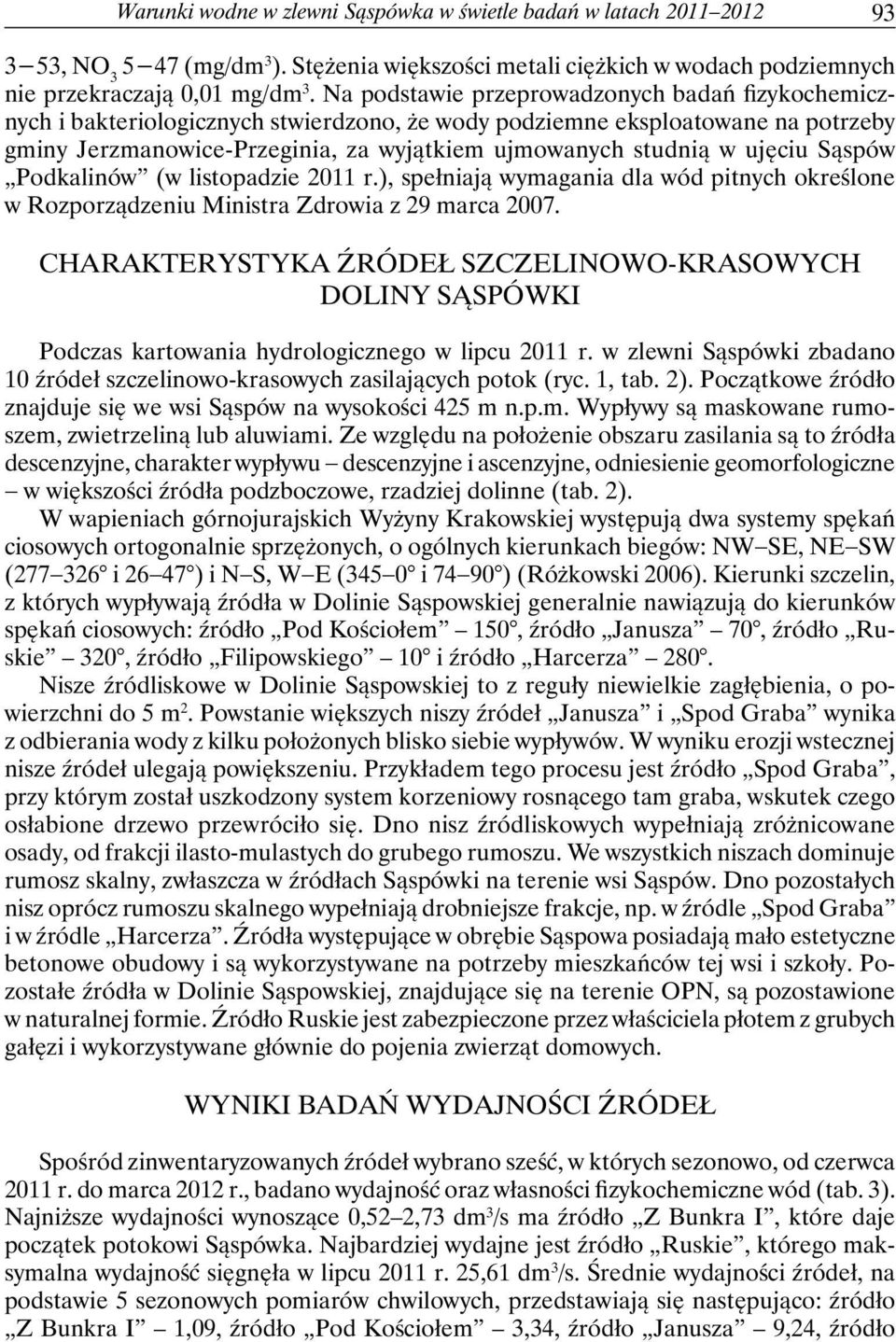 ujęciu Sąspów Podkalinów (w listopadzie 2011 r.), spełniają wymagania dla wód pitnych określone w Rozporządzeniu Ministra Zdrowia z 29 marca 2007.