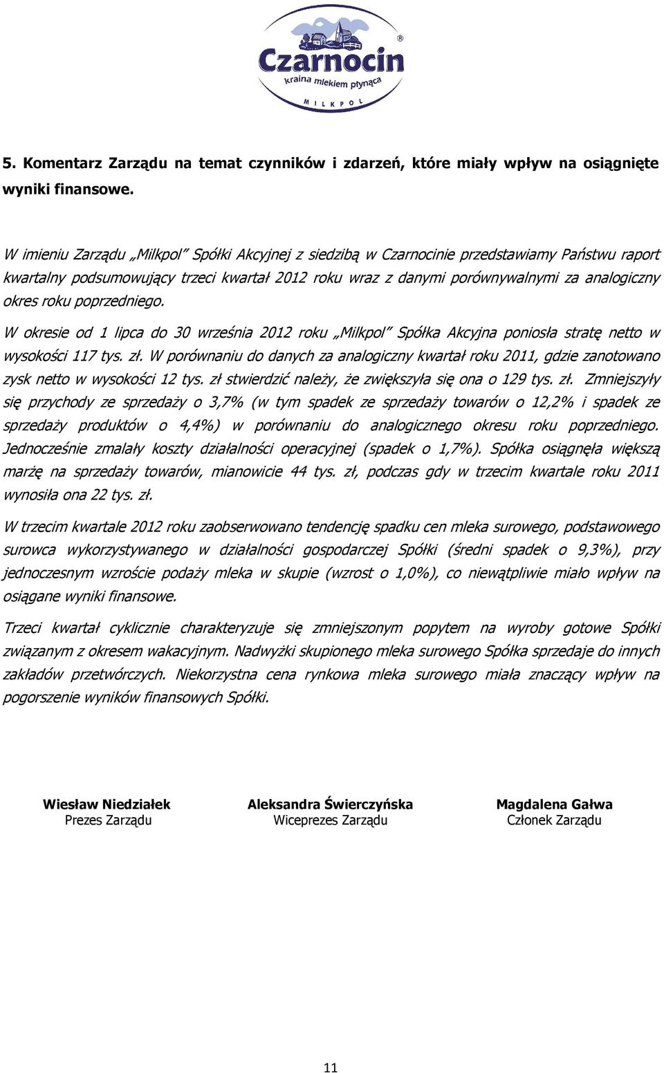 poprzedniego. W okresie od 1 lipca do 30 września 2012 roku Milkpol Spółka Akcyjna poniosła stratę netto w wysokości 117 tys. zł.