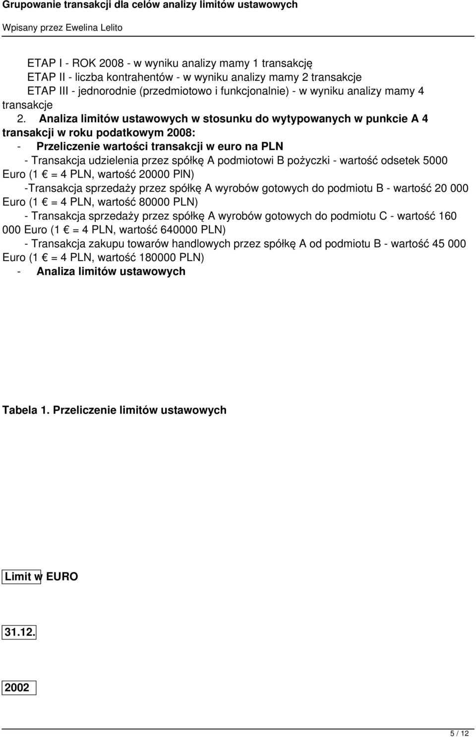 Analiza limitów ustawowych w stosunku do wytypowanych w punkcie A 4 transakcji w roku podatkowym 2008: - Przeliczenie wartości transakcji w euro na PLN - Transakcja udzielenia przez spółkę A