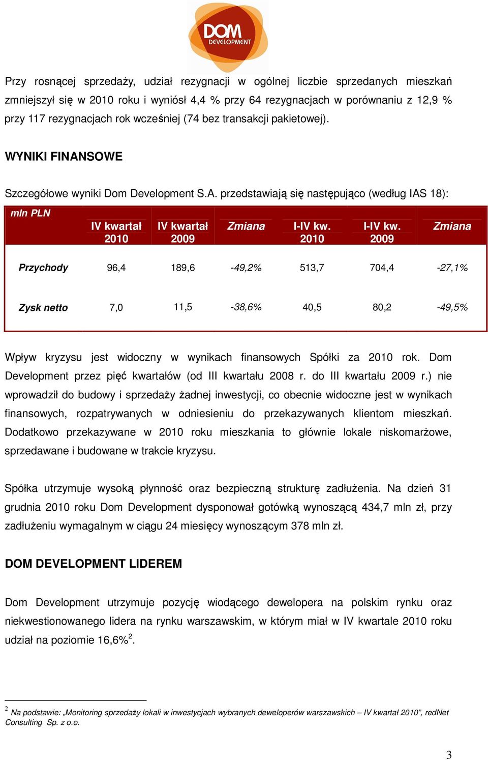 SOWE Szczegółowe wyniki Dom Development S.A.