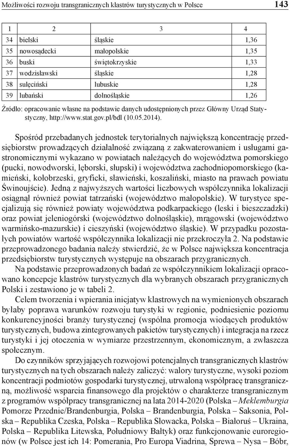 Spośród przebadanych jednostek terytorialnych największą koncentrację przedsiębiorstw prowadzących działalność związaną z zakwaterowaniem i usługami gastronomicznymi wykazano w powiatach należących