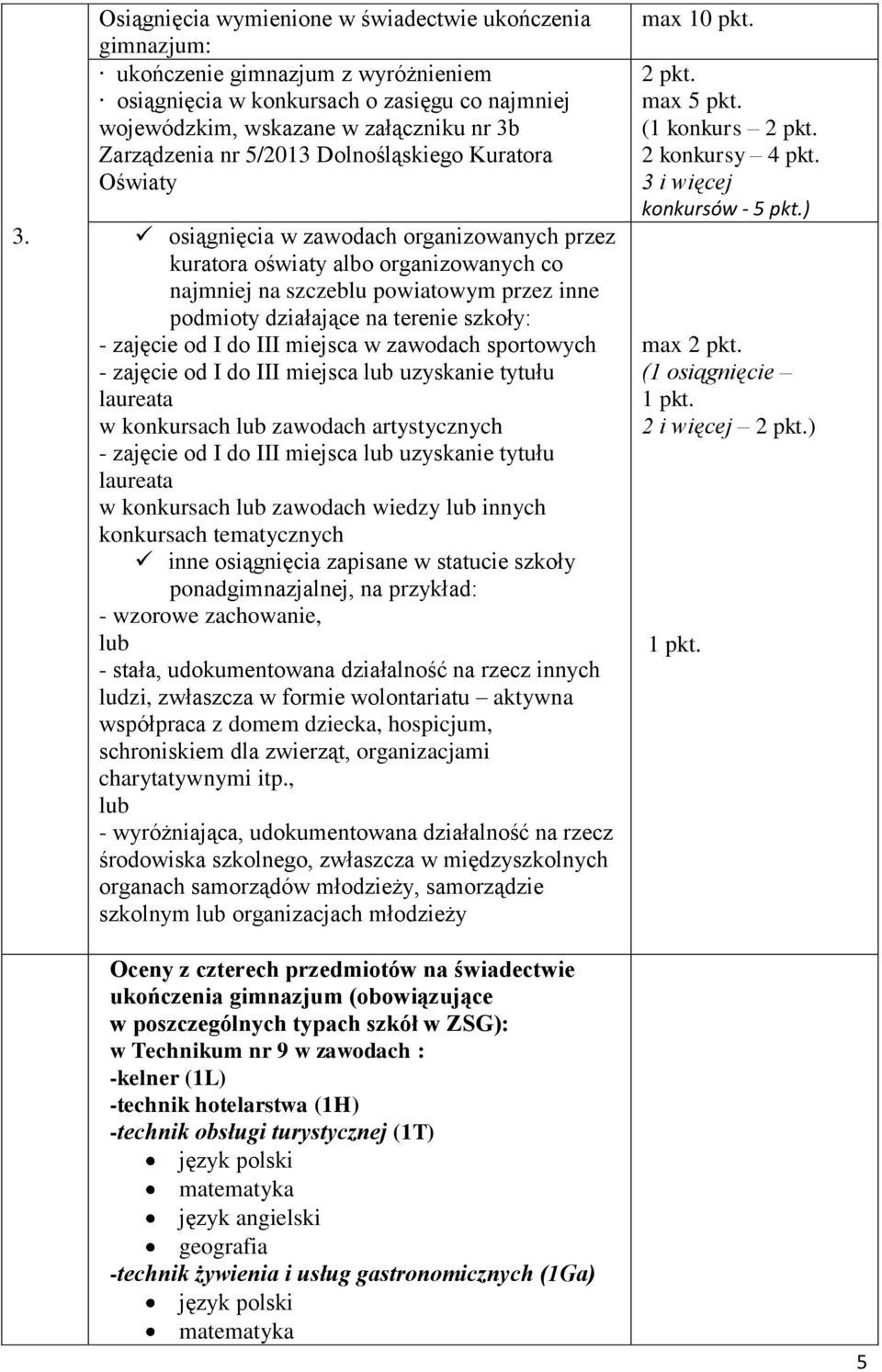 osiągnięcia w zawodach organizowanych przez kuratora oświaty albo organizowanych co najmniej na szczeblu powiatowym przez inne podmioty działające na terenie szkoły: - zajęcie od I do III miejsca w