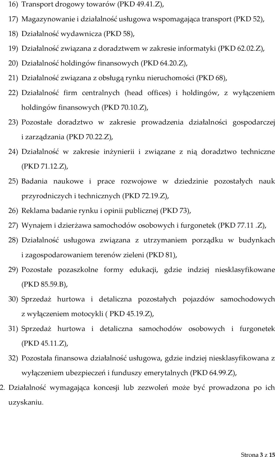 Z), 20) Działalność holdingów finansowych (PKD 64.20.Z), 21) Działalność związana z obsługą rynku nieruchomości (PKD 68), 22) Działalność firm centralnych (head offices) i holdingów, z wyłączeniem holdingów finansowych (PKD 70.