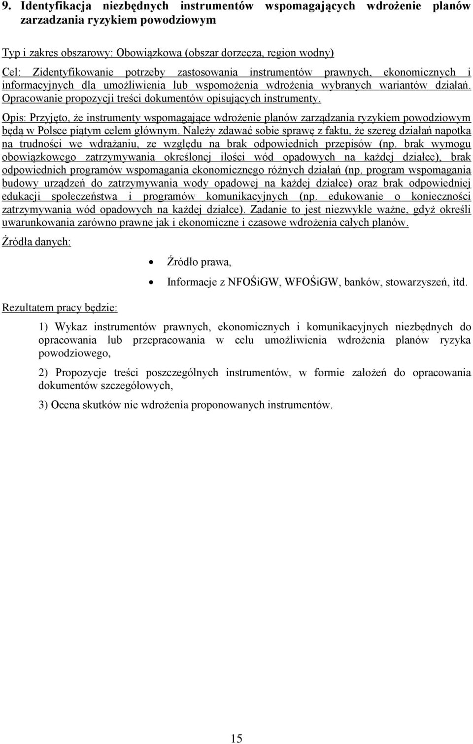 Opracowanie propozycji treści dokumentów opisujących instrumenty. Opis: Przyjęto, że instrumenty wspomagające wdrożenie planów zarządzania ryzykiem powodziowym będą w Polsce piątym celem głównym.