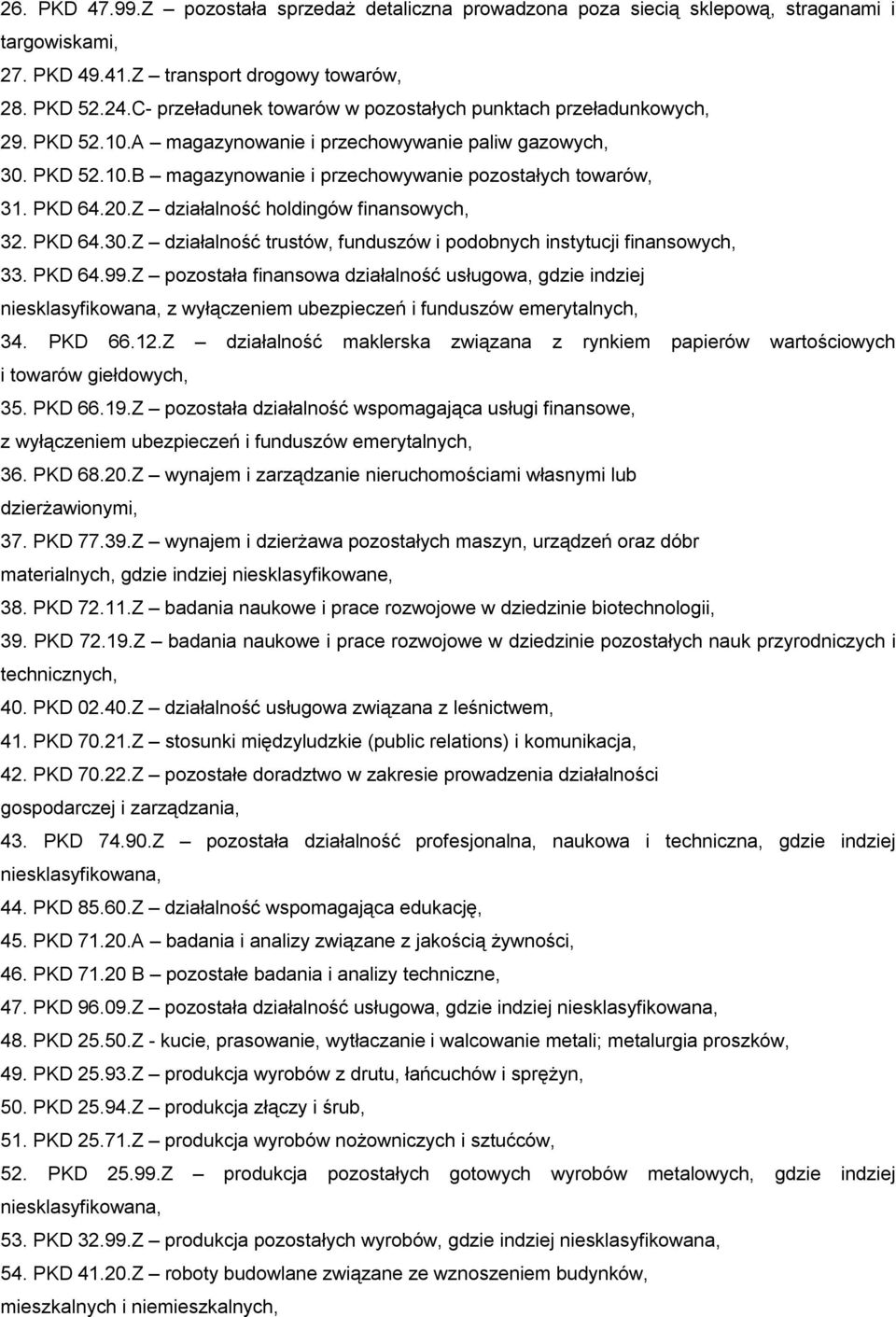 PKD 64.20.Z działalność holdingów finansowych, 32. PKD 64.30.Z działalność trustów, funduszów i podobnych instytucji finansowych, 33. PKD 64.99.
