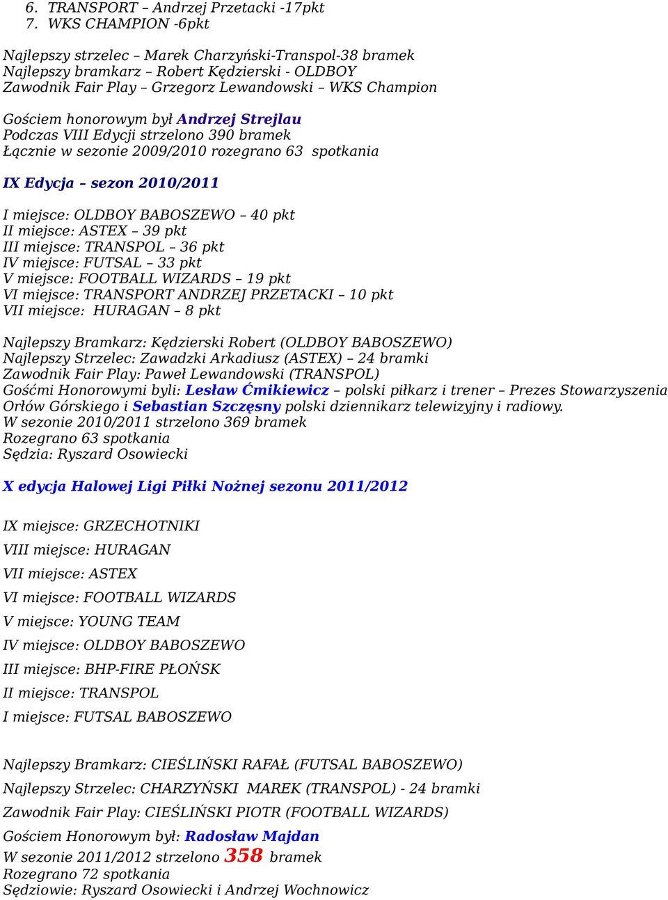 Andrzej Strejlau Podczas VIII Edycji strzelono 390 bramek Łącznie w sezonie 2009/2010 rozegrano 63 spotkania IX Edycja sezon 2010/2011 I miejsce: OLDBOY BABOSZEWO 40 pkt II miejsce: ASTEX 39 pkt III