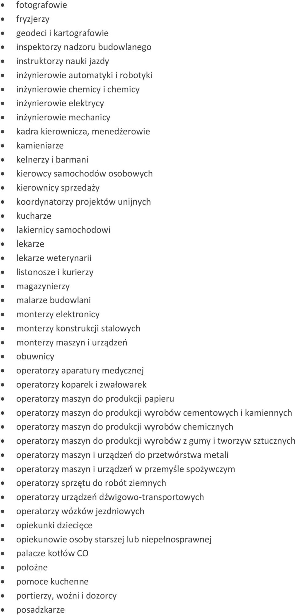 samochodowi lekarze lekarze weterynarii listonosze i kurierzy magazynierzy malarze budowlani monterzy elektronicy monterzy konstrukcji stalowych monterzy maszyn i urządzeo obuwnicy operatorzy