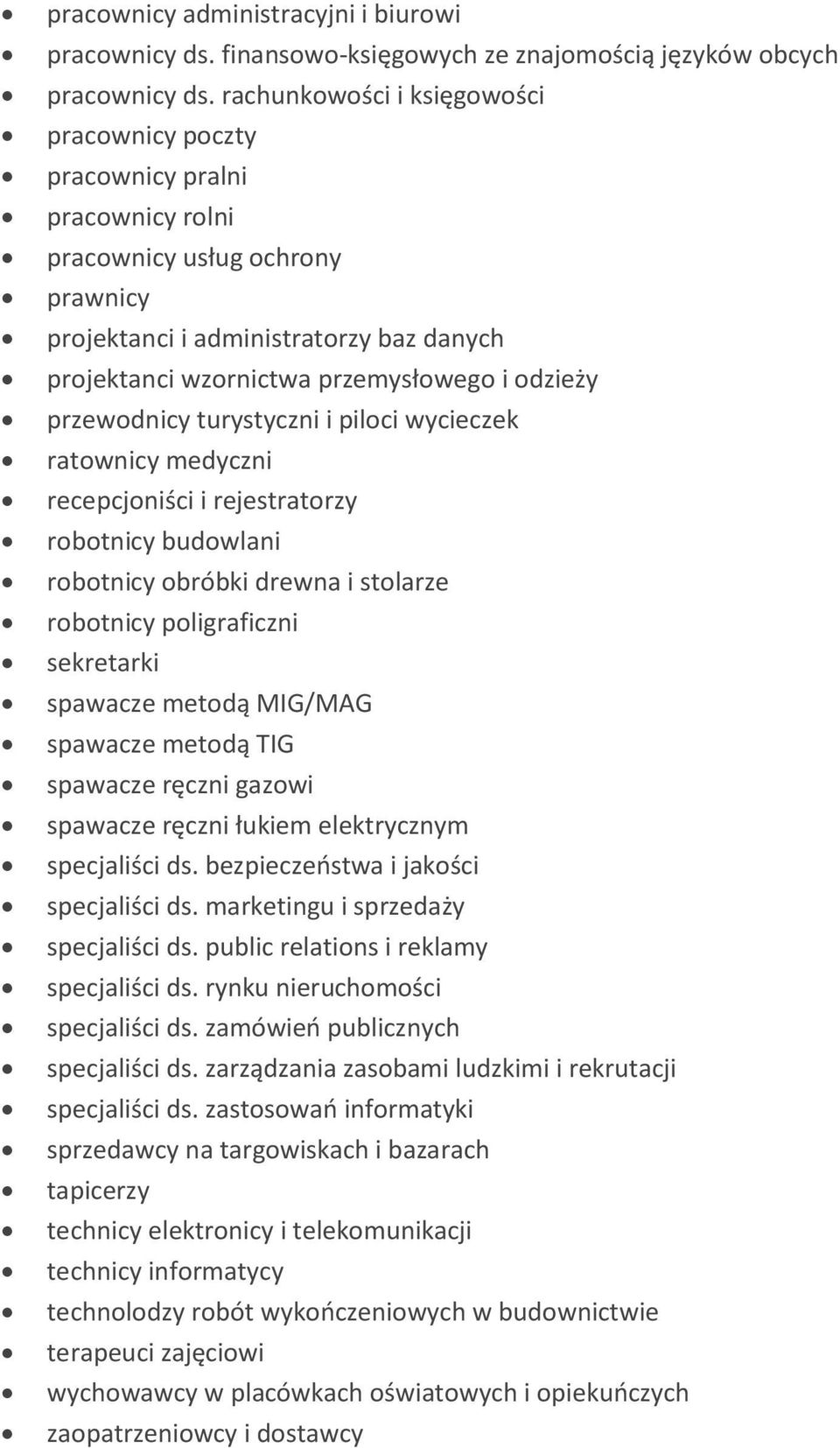 odzieży przewodnicy turystyczni i piloci wycieczek ratownicy medyczni recepcjoniści i rejestratorzy robotnicy budowlani robotnicy obróbki drewna i stolarze robotnicy poligraficzni sekretarki spawacze