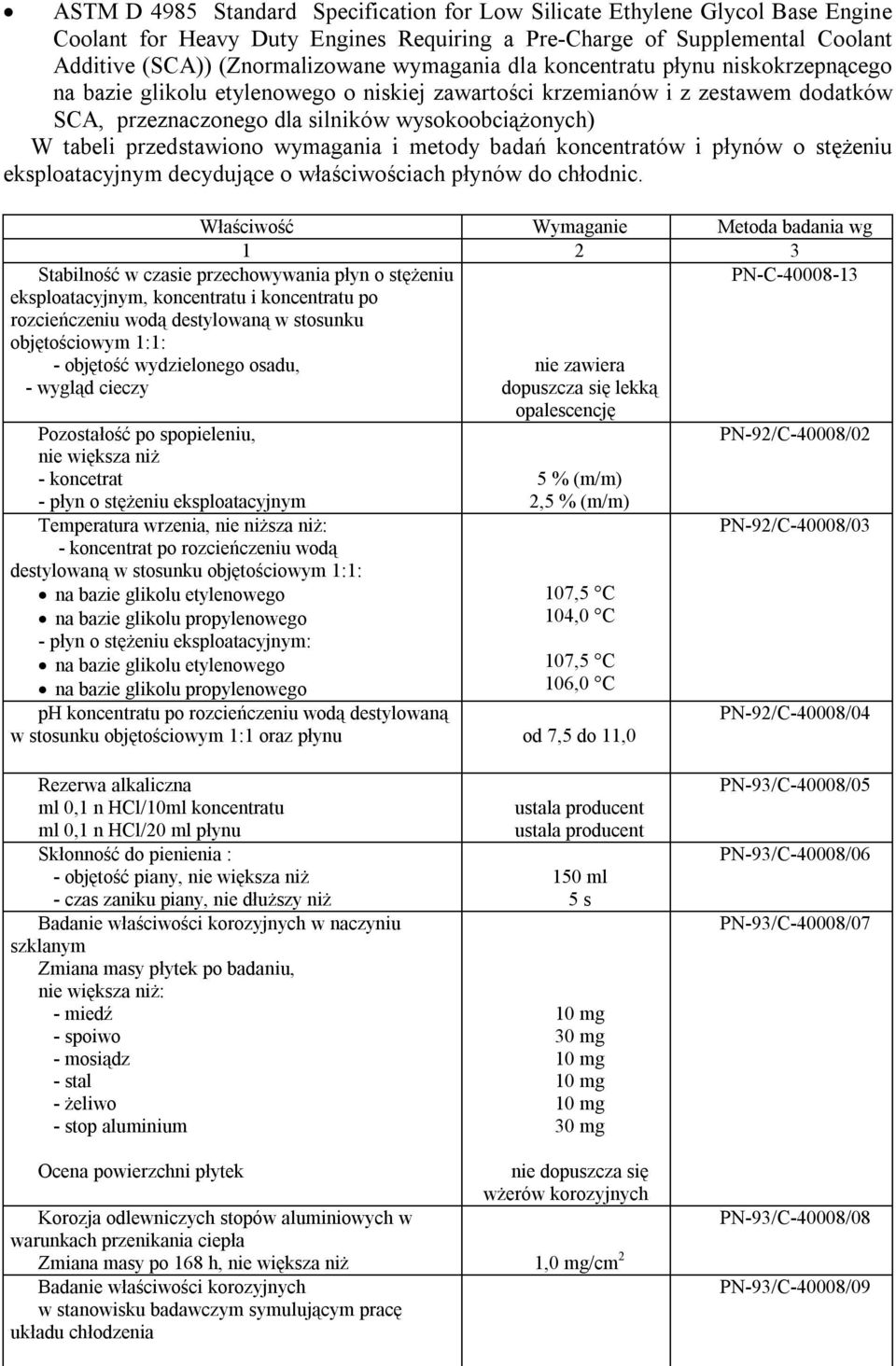 wymagania i metody badań koncentratów i płynów o stężeniu eksploatacyjnym decydujące o właściwościach płynów do chłodnic.
