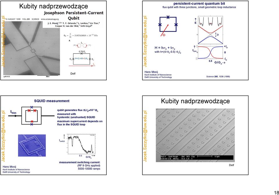 5 2t +I p -I p Φ/Φ o Delf Hans Mooij Kavli Institute of Nanoscience Delft University of Technology Science 285, 36 (999) SQUID measurement Kubity nadprzewodzące I