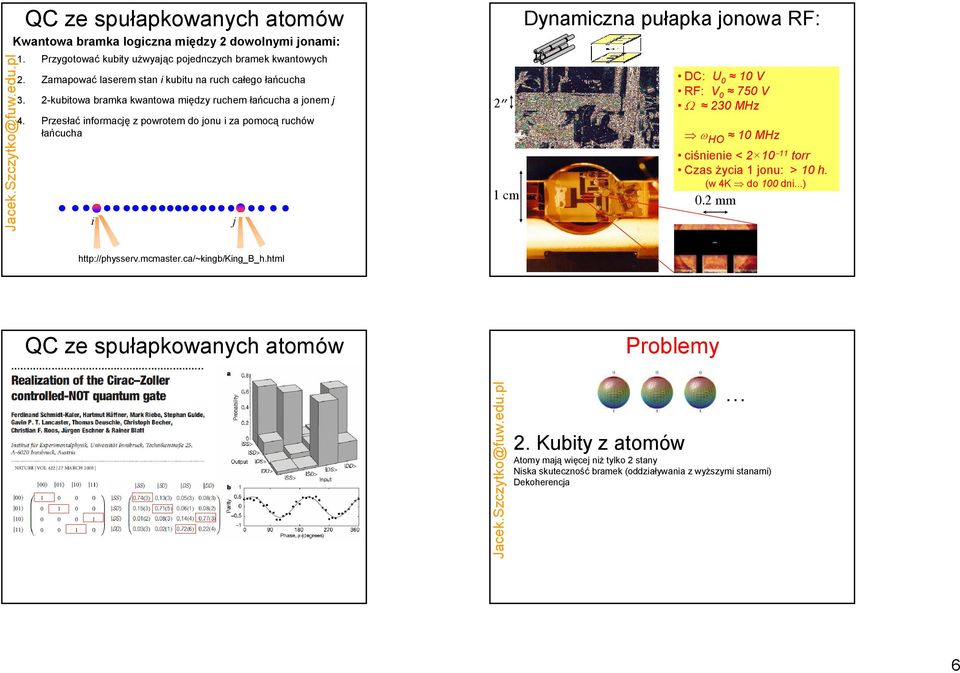 Przesłać informację z powrotem do jonu i za pomocą ruchów łańcucha laser laser i laser laser j 2 Dynamiczna pułapka jonowa RF: DC: U V RF: V 75 V Ω 23 MHz ω HO MHz