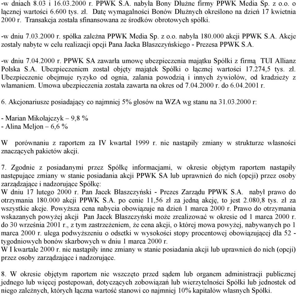 Akcje zostały nabyte w celu realizacji opcji Pana Jacka Błaszczyńskiego - Prezesa PPWK S.A. -w dniu 7.04.2000 r. PPWK SA zawarła umowę ubezpieczenia majątku Spółki z firmą TUI Allianz Polska S.A. Ubezpieczeniem został objęty majątek Spółki o łącznej wartości 17.
