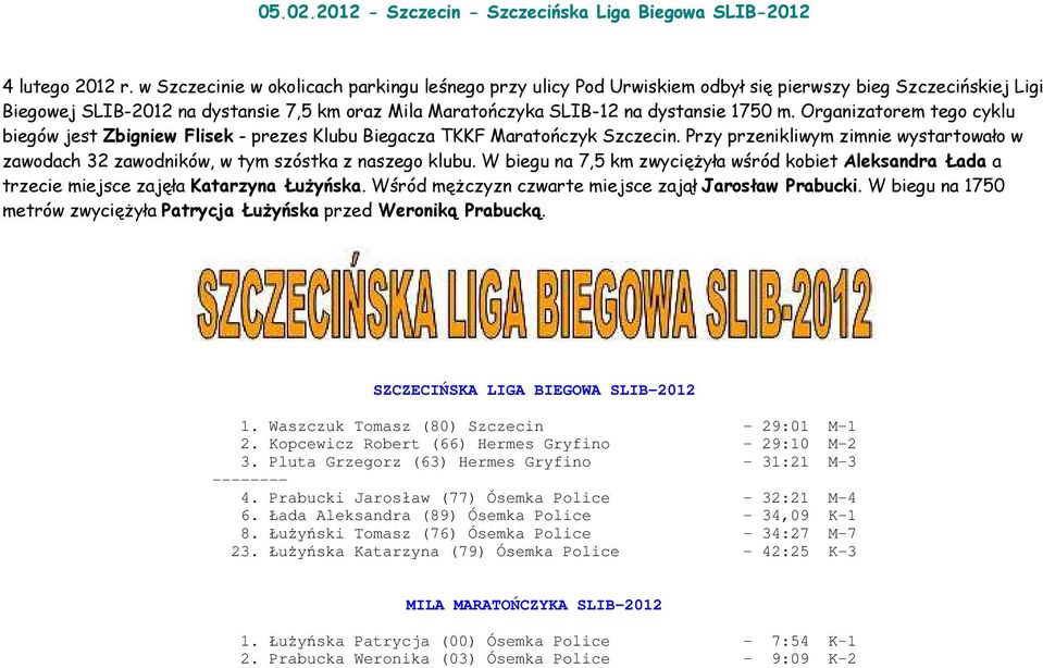 Organizatorem tego cyklu biegów jest Zbigniew Flisek - prezes Klubu Biegacza TKKF Maratończyk Szczecin. Przy przenikliwym zimnie wystartowało w zawodach 32 zawodników, w tym szóstka z naszego klubu.