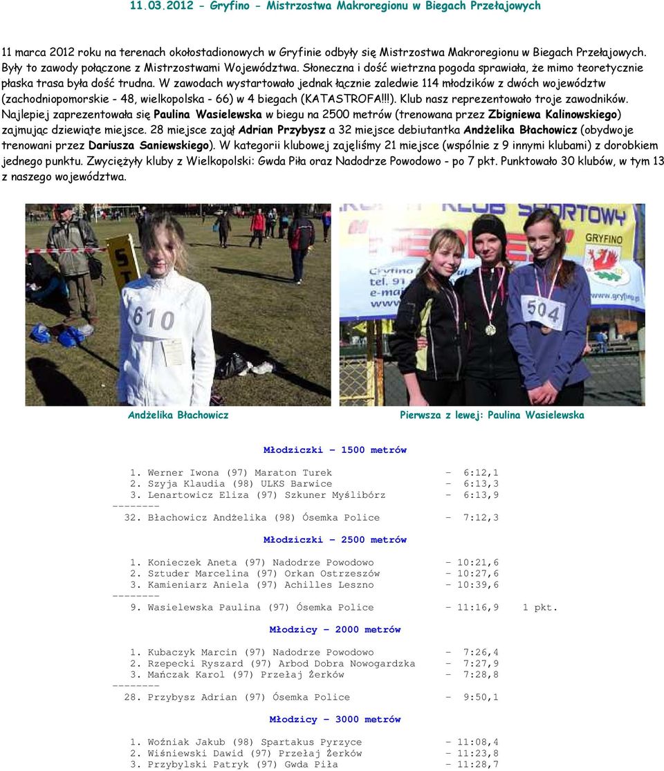 W zawodach wystartowało jednak łącznie zaledwie 114 młodzików z dwóch województw (zachodniopomorskie - 48, wielkopolska - 66) w 4 biegach (KATASTROFA!!!). Klub nasz reprezentowało troje zawodników.