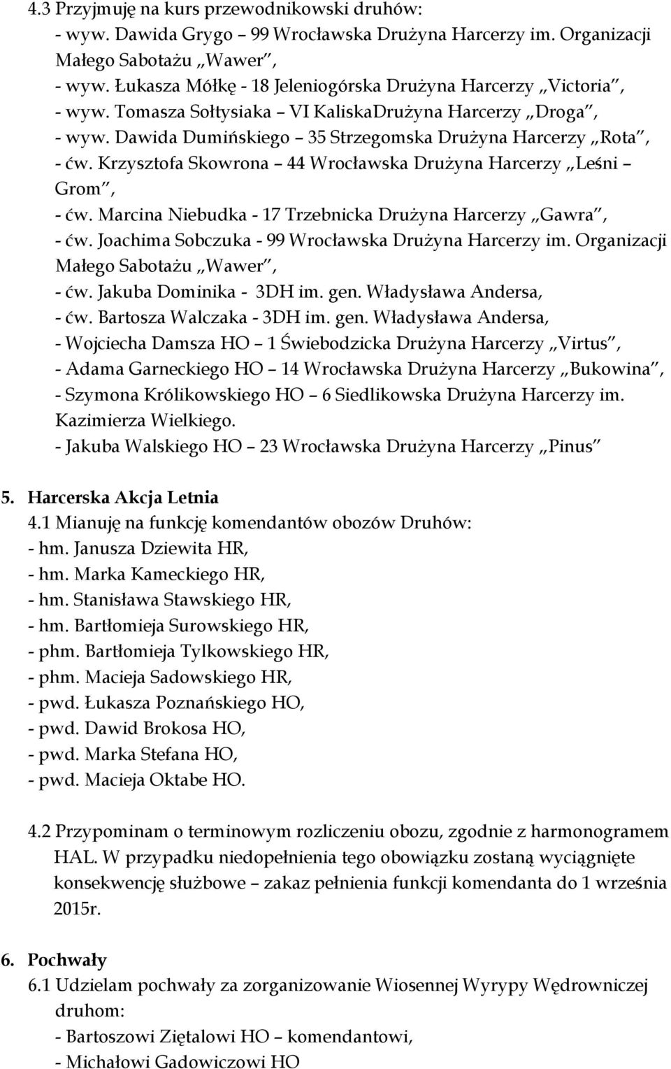 Krzysztofa Skowrona 44 Wrocławska Drużyna Harcerzy Leśni Grom, - ćw. Marcina Niebudka - 17 Trzebnicka Drużyna Harcerzy Gawra, - ćw. Joachima Sobczuka - 99 Wrocławska Drużyna Harcerzy im.