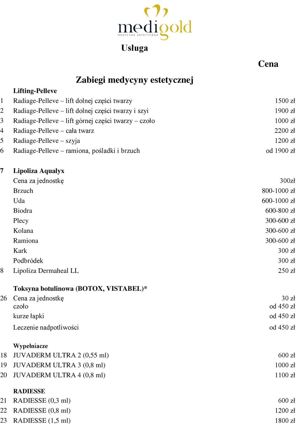 Brzuch 800-1000 zł Uda 600-1000 zł Biodra 600-800 zł Plecy 300-600 zł Kolana 300-600 zł Ramiona 300-600 zł Kark 300 zł Podbródek 300 zł 8 Lipoliza Dermaheal LL 250 zł Toksyna botulinowa (BOTOX,