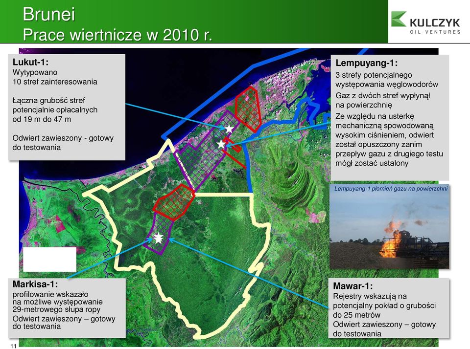 potencjalnego występowania węglowodorów Gaz z dwóch stref wypłynął na powierzchnię Ze względu na usterkę mechaniczną spowodowaną wysokim ciśnieniem, odwiert został opuszczony