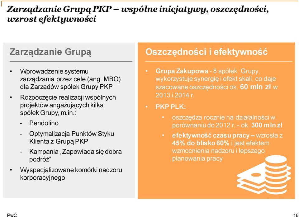 : - - Pendolino - - Optymalizacja Punktów Styku Klienta z z Grupą PKP - - Kampania Zapowiada się się dobra podróż Wyspecjalizowane komórki nadzoru korporacyjnego Oszczędności i efektywność Grupa