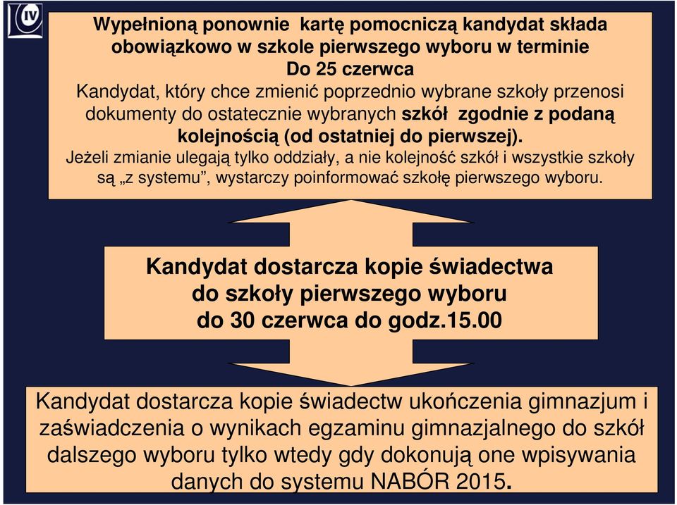 JeŜeli zmianie ulegają tylko oddziały, a nie kolejność szkół i wszystkie szkoły są z systemu, wystarczy poinformować szkołę pierwszego wyboru.