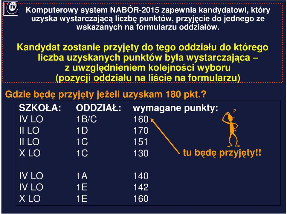 Kandydat zostanie przyjęty do tego oddziału do którego liczba uzyskanych punktów była wystarczająca z uwzględnieniem kolejności