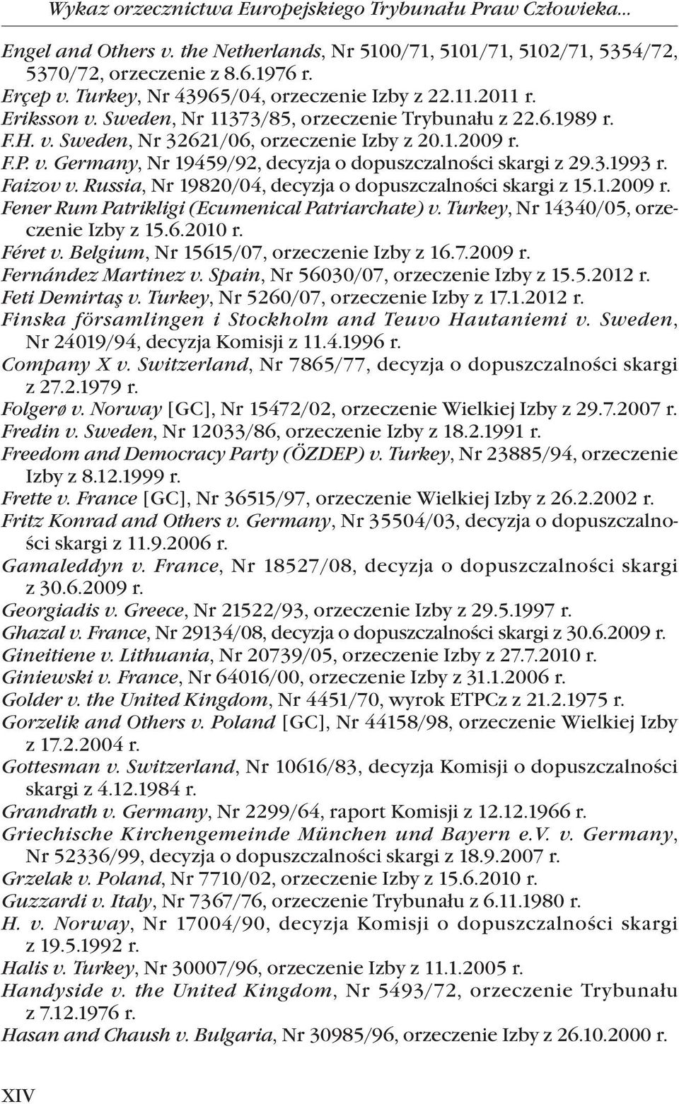 3.1993 r. Faizov v. Russia, Nr 19820/04, decyzja o dopuszczalności skargi z 15.1.2009 r. Fener Rum Patrikligi (Ecumenical Patriarchate) v. Turkey, Nr 14340/05, orzeczenie Izby z 15.6.2010 r. Féret v.