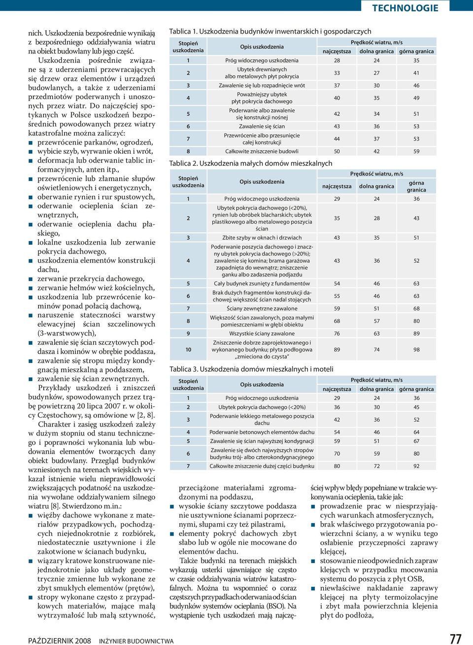 Do najczęściej spotykanych w Polsce uszkodzeń bezpośrednich powodowanych przez wiay katasofalne można zaliczyć: przewrócenie parkanów, ogrodzeń, wybicie szyb, wyrwanie okien i wrót, deformacja lub