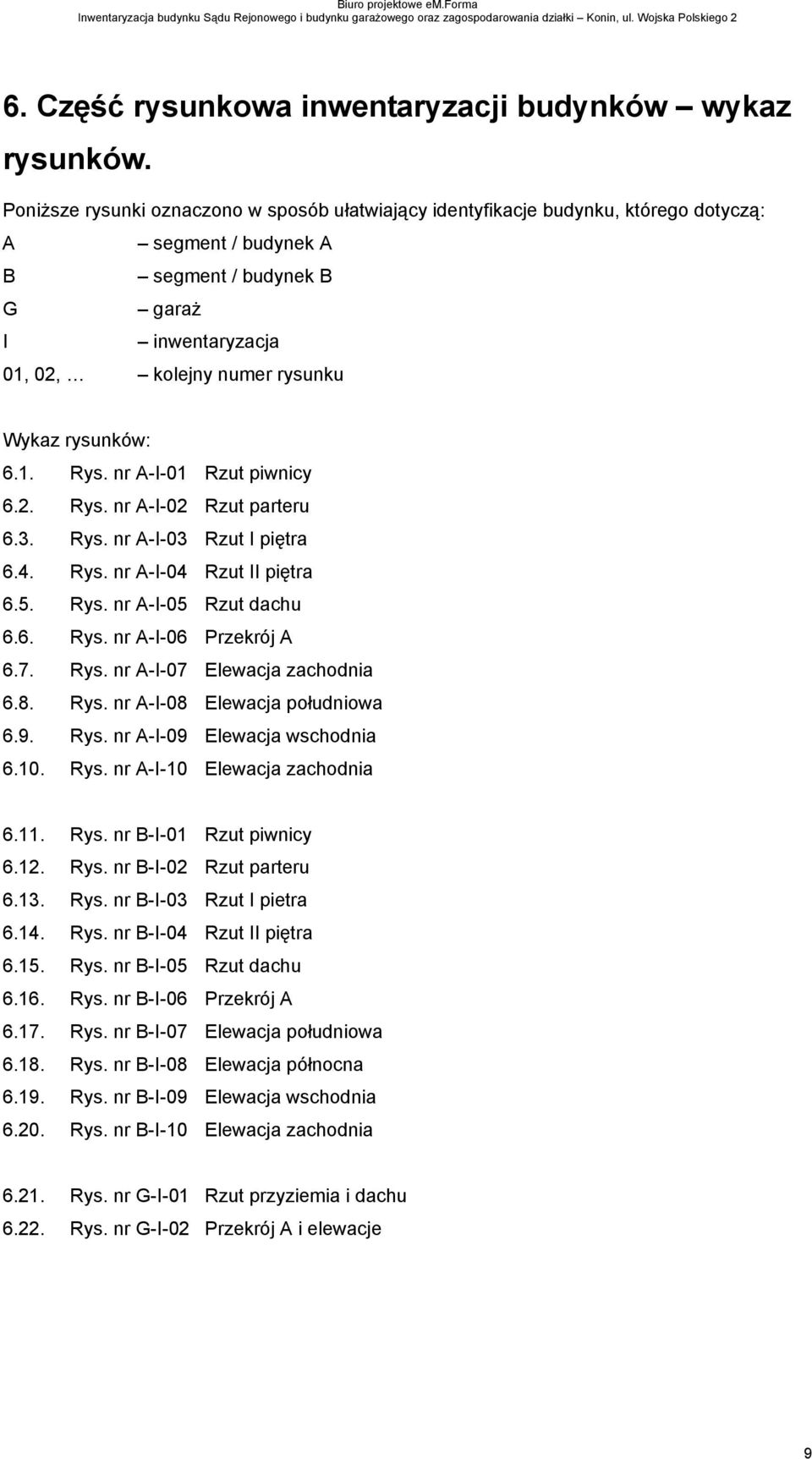 rysunków: 6.1. Rys. nr A-I-01 Rzut piwnicy 6.2. Rys. nr A-I-02 Rzut parteru 6.3. Rys. nr A-I-03 Rzut I piętra 6.4. Rys. nr A-I-04 Rzut II piętra 6.5. Rys. nr A-I-05 Rzut dachu 6.6. Rys. nr A-I-06 Przekrój A 6.