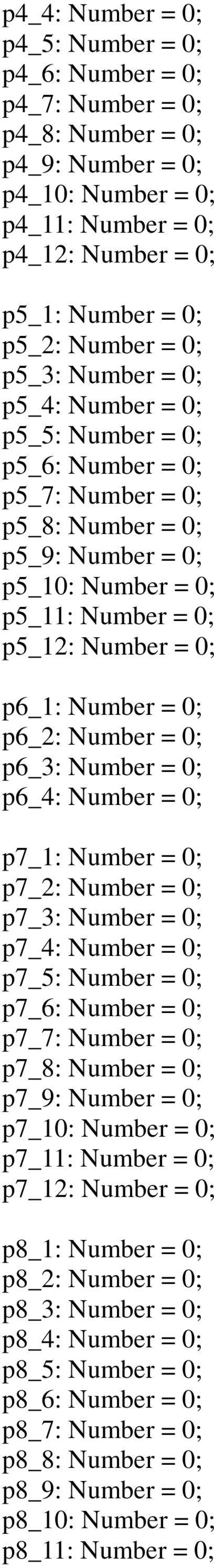 = 0; p6_2: Number = 0; p6_3: Number = 0; p6_4: Number = 0; p7_1: Number = 0; p7_2: Number = 0; p7_3: Number = 0; p7_4: Number = 0; p7_5: Number = 0; p7_6: Number = 0; p7_7: Number = 0; p7_8: Number =