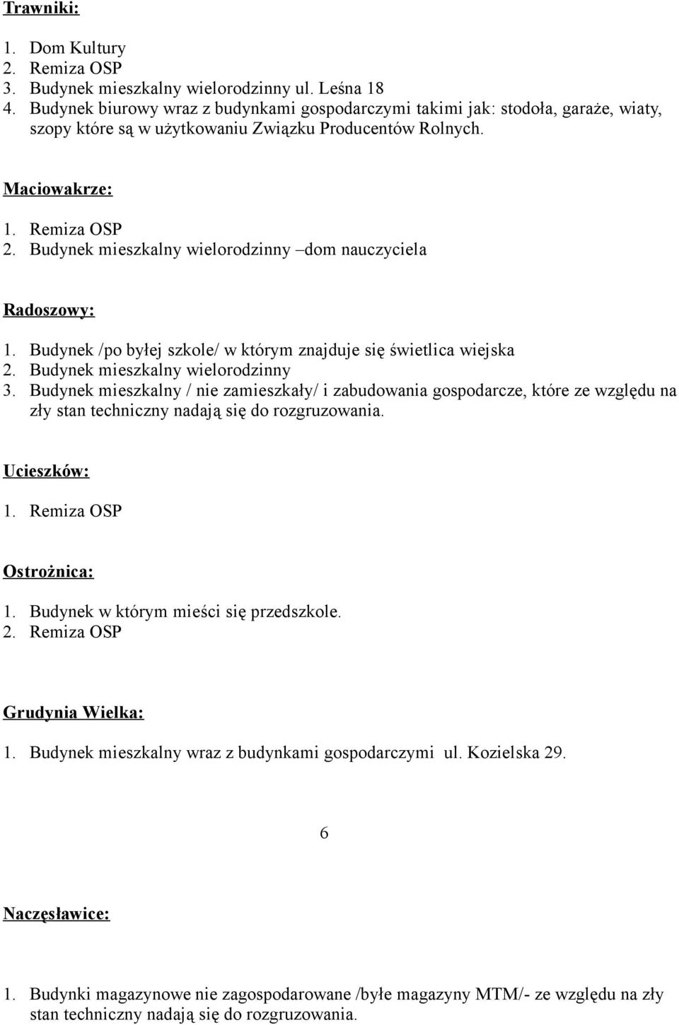 Budynek mieszkalny wielorodzinny dom nauczyciela Radoszowy: 1. Budynek /po byłej szkole/ w którym znajduje się świetlica wiejska 2. Budynek mieszkalny wielorodzinny 3.