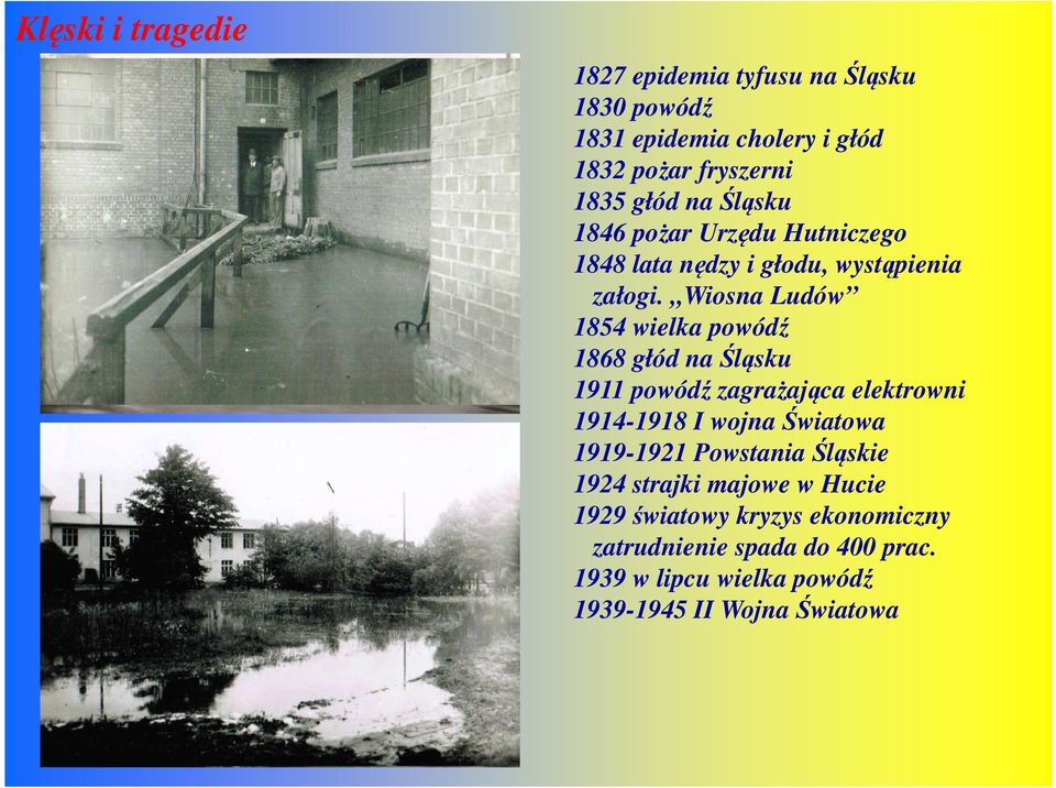 Wiosna Ludów 1854 wielka powódź 1868 głód na Śląsku 1911 powódź zagrażająca elektrowni 1914-1918 I wojna Światowa 1919-1921