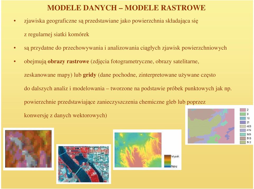 satelitarne, zeskanowane mapy) lub gridy (dane pochodne, zinterpretowane uŝywane często do dalszych analiz i modelowania tworzone na