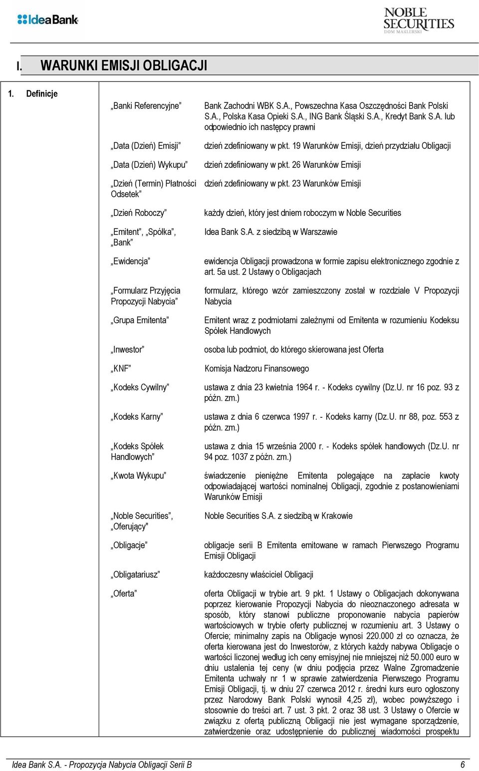 Emitenta Inwestor KNF Kodeks Cywilny Kodeks Karny Kodeks Spółek Handlowych Bank Zachodni WBK S.A., Powszechna Kasa Oszczędności Bank Polski S.A., Polska Kasa Opieki S.A., ING Bank Śląski S.A., Kredyt Bank S.
