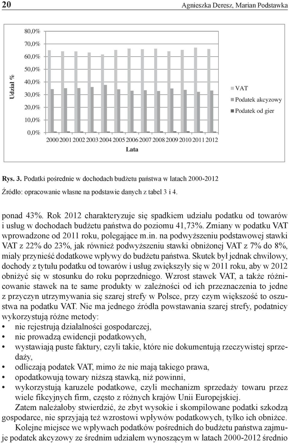 Rok 2012 charakteryzuje się spadkiem udziału podatku od towarów i usług w dochodach budżetu państwa do poziomu 41,73%. Zmiany w podatku VAT wprowadzone od 2011 roku, polegające m.in.