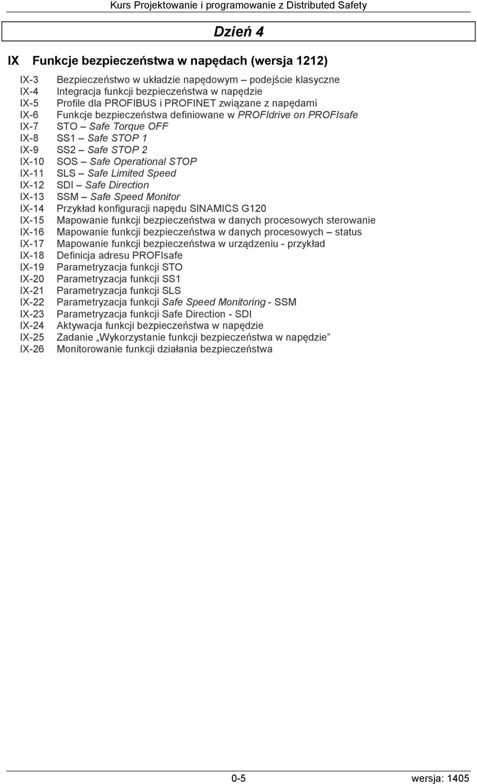 SLS Safe Limited Speed IX-12 SDI Safe Direction IX-13 SSM Safe Speed Monitor IX-14 Przykład konfiguracji napędu SINAMICS G120 IX-15 Mapowanie funkcji bezpieczeństwa w danych procesowych sterowanie