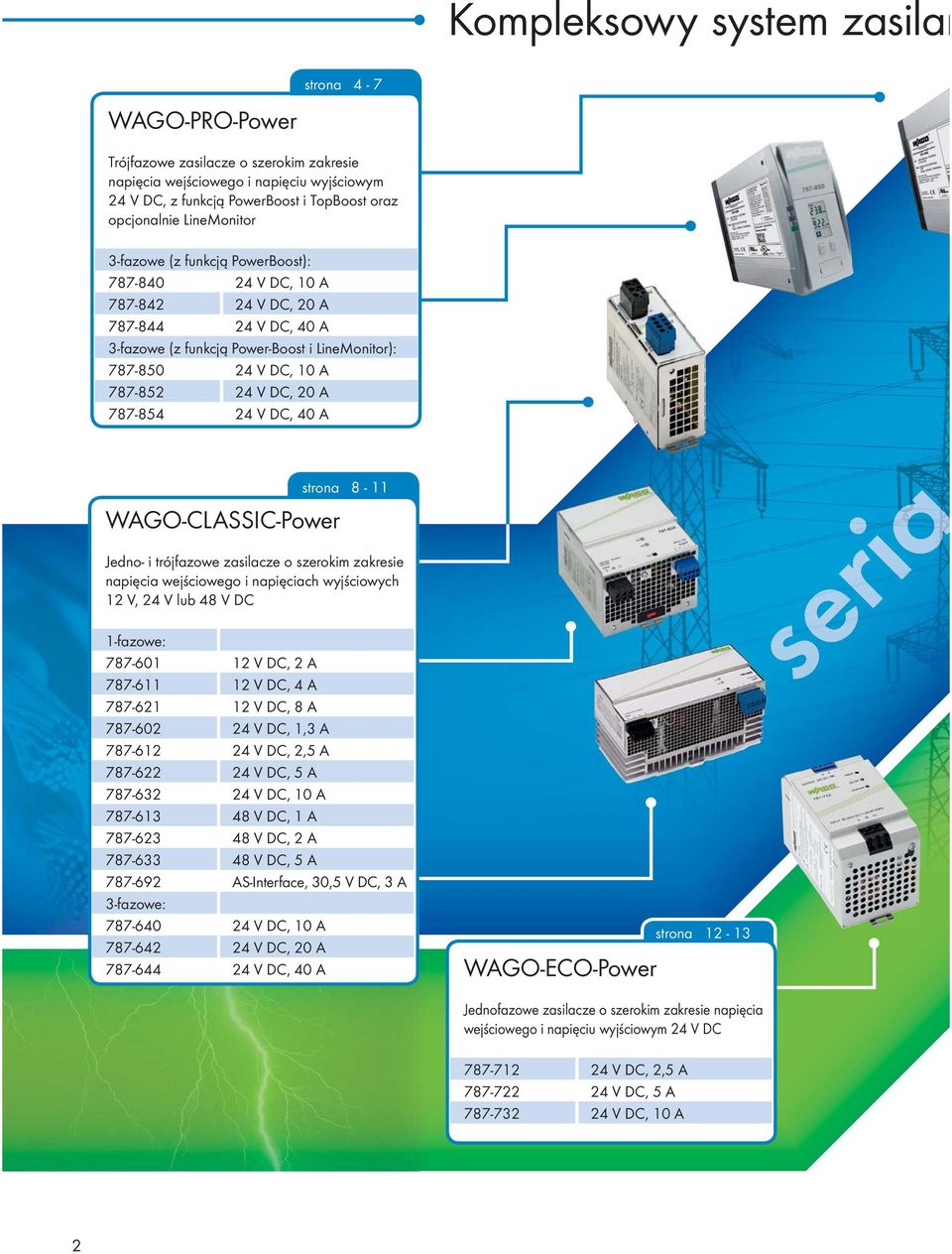 20 A 787-854 24 V DC, 40 A WAGO-CLASSIC-Power strona 8-11 Jedno- i trójfazowe zasilacze o szerokim zakresie napięcia wejściowego i napięciach wyjściowych 12 V, 24 V lub 48 V DC 1-fazowe: 787-601 12 V