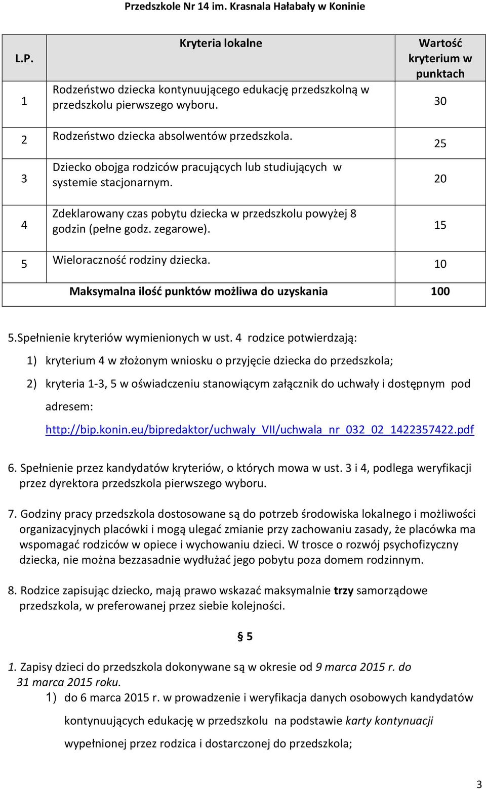 15 5 Wieloraczność rodziny dziecka. 10 Maksymalna ilość punktów możliwa do uzyskania 100 5.Spełnienie kryteriów wymienionych w ust.