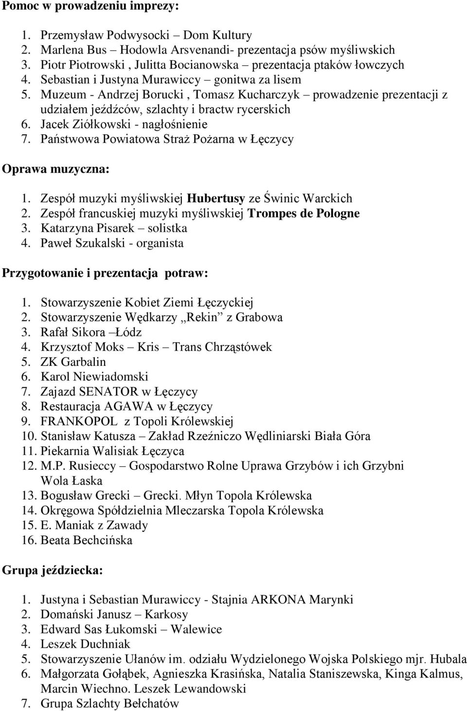 Muzeum - Andrzej Borucki, Tomasz Kucharczyk prowadzenie prezentacji z udziałem jeźdźców, szlachty i bractw rycerskich 6. Jacek Ziółkowski - nagłośnienie 7.