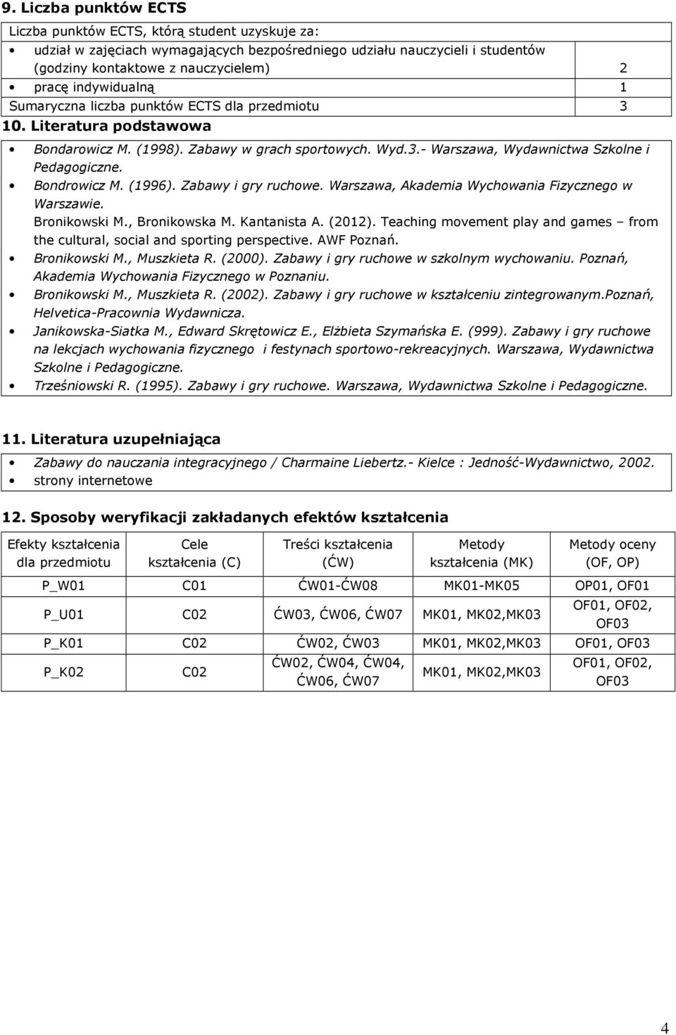 Bondrowicz M. (1996). Zabawy i gry. Warszawa, Akademia Wychowania Fizycznego w Warszawie. Bronikowski M., Bronikowska M. Kantanista A. (2012).