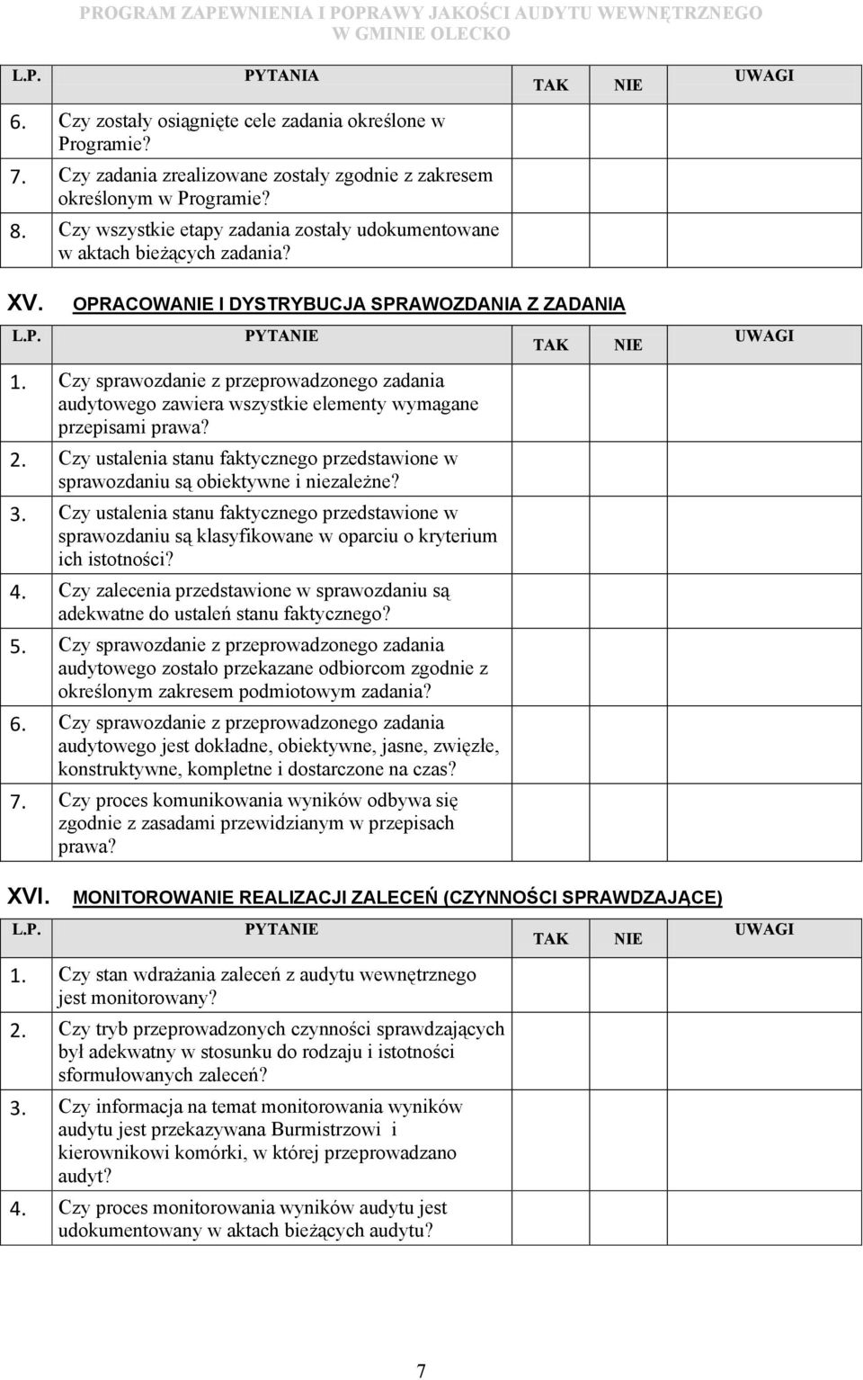 OPRACOWA I DYSTRYBUCJA SPRAWOZDANIA Z ZADANIA PYTA 1. Czy sprawozdanie z przeprowadzonego zadania audytowego zawiera wszystkie elementy wymagane przepisami prawa? 2.