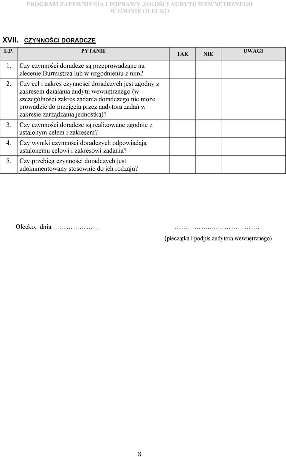 Czy cel i zakres czynności doradczych jest zgodny z zakresem działania audytu wewnętrznego (w szczególności zakres zadania doradczego nie może prowadzić do przejęcia przez audytora