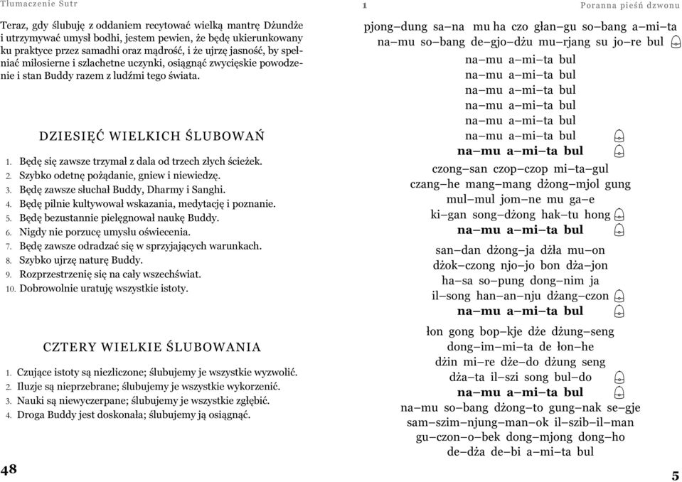Będę się zawsze trzymał z dala od trzech złych ścieżek. 2. Szybko odetnę pożądanie, gniew i niewiedzę. 3. Będę zawsze słuchał Buddy, Dharmy i Sanghi. 4.