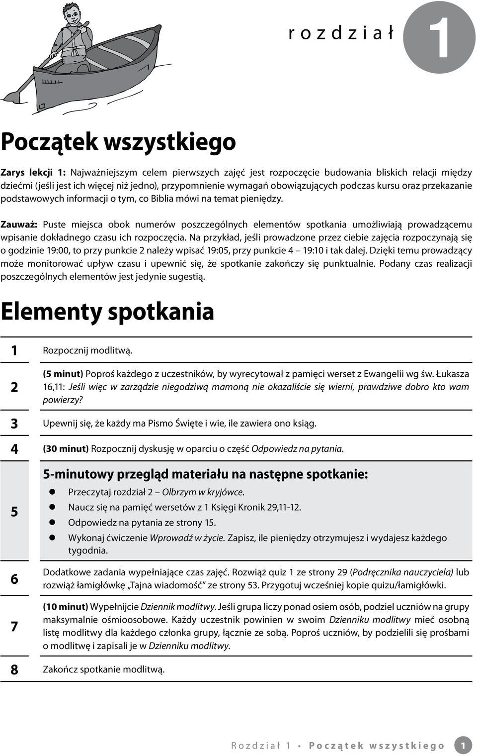 Zauważ: Puste miejsca obok numerów poszczególnych elementów spotkania umożliwiają prowadzącemu wpisanie dokładnego czasu ich rozpoczęcia.