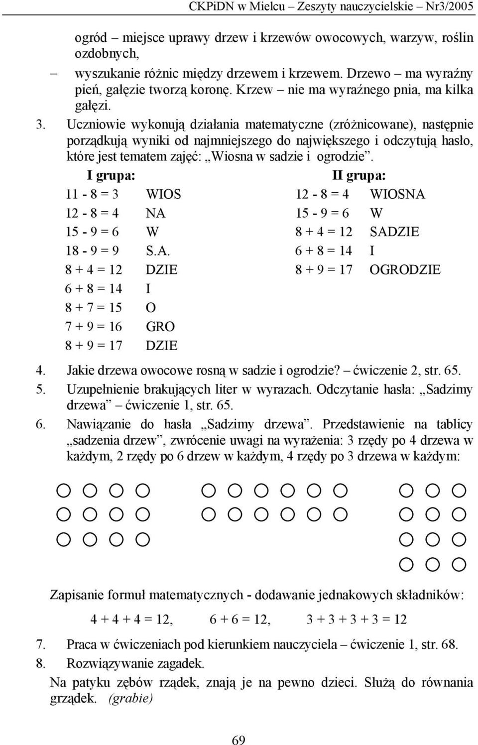 Uczniowie wykonują działania matematyczne (zróżnicowane), następnie porządkują wyniki od najmniejszego do największego i odczytują hasło, które jest tematem zajęć: Wiosna w sadzie i ogrodzie.